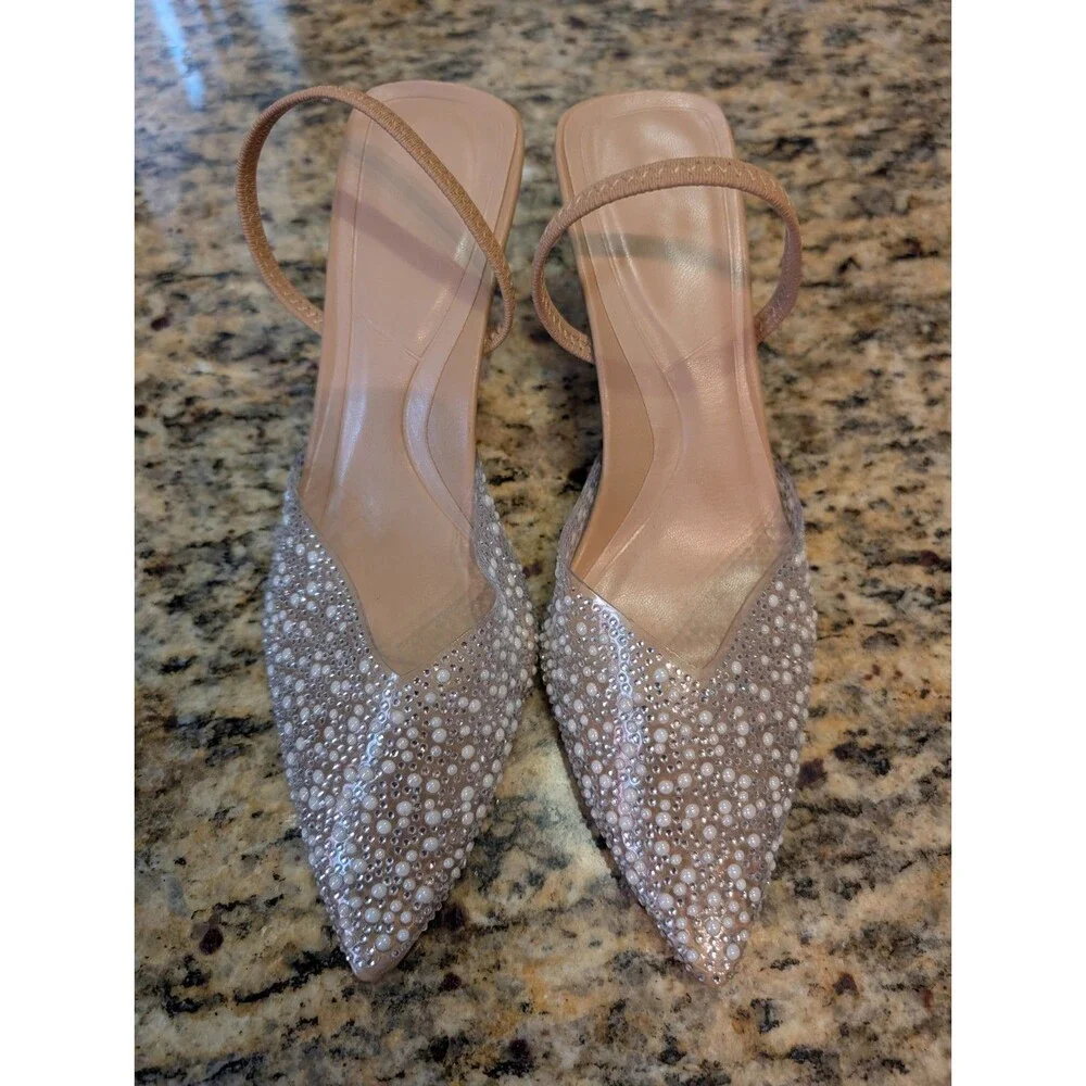 BAISOILIHA Women's Clear Slingback Heels Size 37 Pearl Rhinestone Stiletto